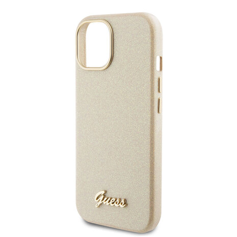 Guess Guess iPhone 15 TPU Back Cover hoesje - Glitter Glossy Script - Goud Guess Guess iPhone 15 TPU Back Cover hoesje - Glitter Glossy Script - Goud
