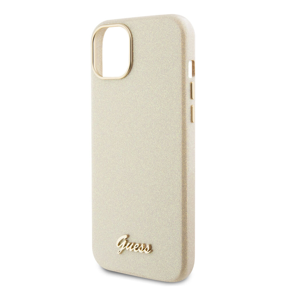 Guess Guess iPhone 15 & 14 Plus TPU Back Cover hoesje - Glitter Glossy Script - Goud Guess Guess iPhone 15 & 14 Plus TPU Back Cover hoesje - Glitter Glossy Script - Goud
