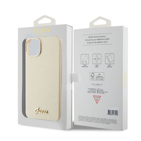 Guess Guess iPhone 15 & 14 Plus TPU Back Cover hoesje - Glitter Glossy Script - Goud Guess Guess iPhone 15 & 14 Plus TPU Back Cover hoesje - Glitter Glossy Script - Goud