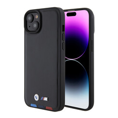 BMW Coque arriere en iPhone 15 & 14 Plus - Genuine Leather - Tricolor Stamp - Noir