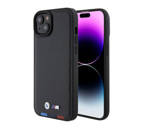 BMW BMW Coque arriere en iPhone 15 & 14 Plus - Genuine Leather - Tricolor Stamp - Noir BMW BMW Coque arriere en iPhone 15 & 14 Plus - Genuine Leather - Tricolor Stamp - Noir