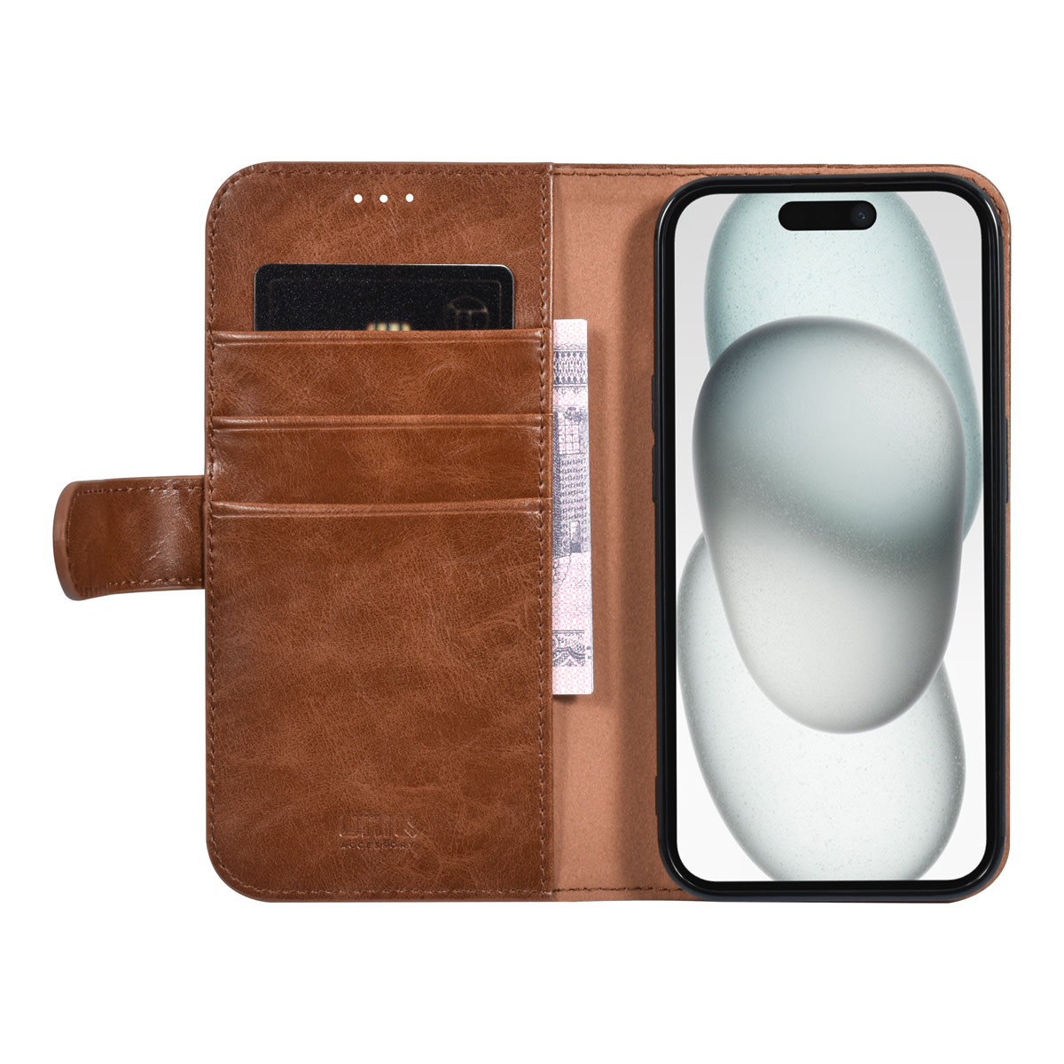UNIQ Accessory UNIQ Accessory iPhone 15 Book Case hoesje - Pasjeshouder voor 3 pasjes - Magneetsluiting - LichtBruin, foto 4 van 5