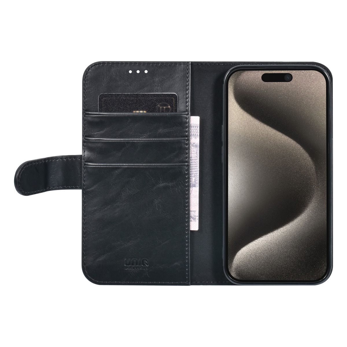 UNIQ Accessory UNIQ Accessory iPhone 15 Pro Book Case hoesje - Pasjeshouder voor 3 pasjes - Magneetsluiting - Zwart, foto 4 van 5
