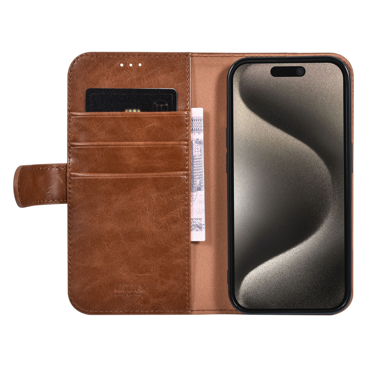 UNIQ Accessory UNIQ Accessory iPhone 15 Pro Book Case hoesje - Pasjeshouder voor 3 pasjes - Magneetsluiting - LichtBruin, foto 4 van 5