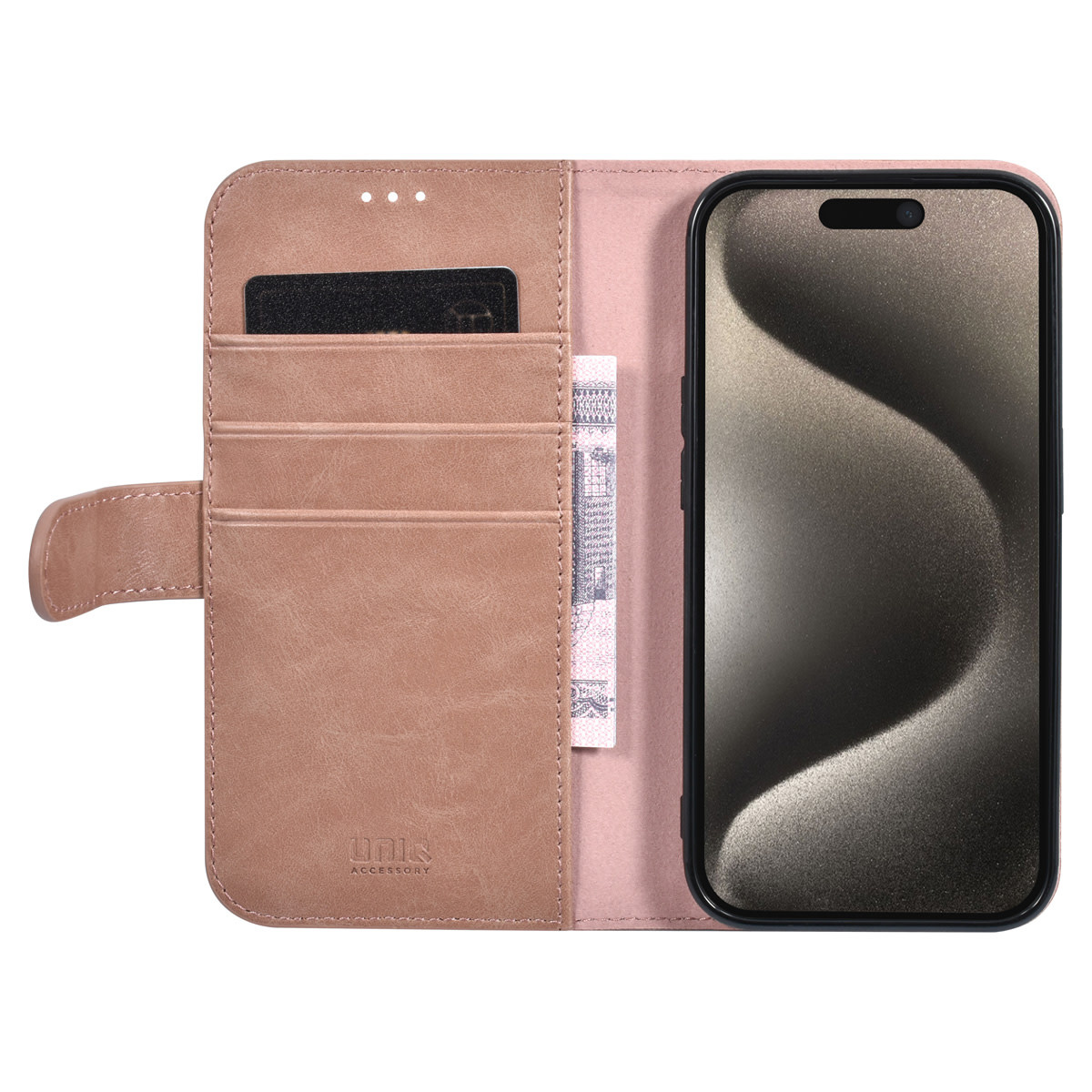 UNIQ Accessory UNIQ Accessory iPhone 15 Pro Book Case hoesje - Pasjeshouder voor 3 pasjes - Magneetsluiting - Rose Gold, foto 4 van 5