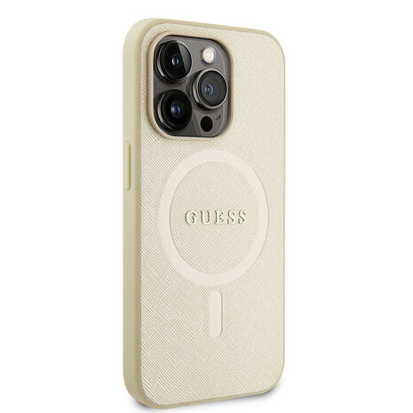 Guess Guess iPhone 14 Pro Hardcase Backcover Saffiano - Beige Guess Guess iPhone 14 Pro Hardcase Backcover Saffiano - Beige