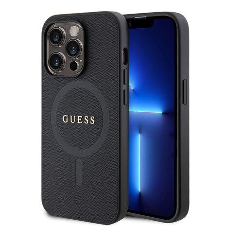 Guess Guess iPhone 15 Pro Hardcase Backcover Saffiano - Zwart Guess Guess iPhone 15 Pro Hardcase Backcover Saffiano - Zwart
