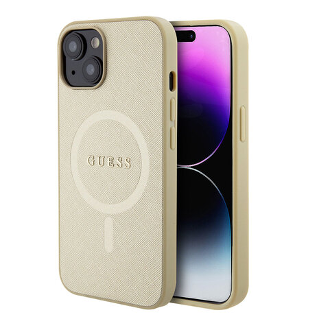 Guess Guess iPhone 15 Coque arrière rigide Saffiano - Beige Guess Guess iPhone 15 Coque arrière rigide Saffiano - Beige