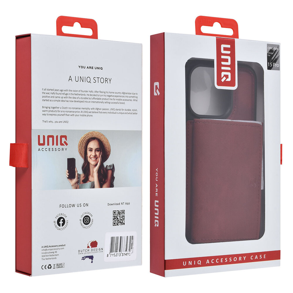 UNIQ Accessory UNIQAccessory iPhone 15 Pro Backcover hoesje met afneembare Pasjeshouder - Rood UNIQ Accessory UNIQAccessory iPhone 15 Pro Backcover hoesje met afneembare Pasjeshouder - Rood