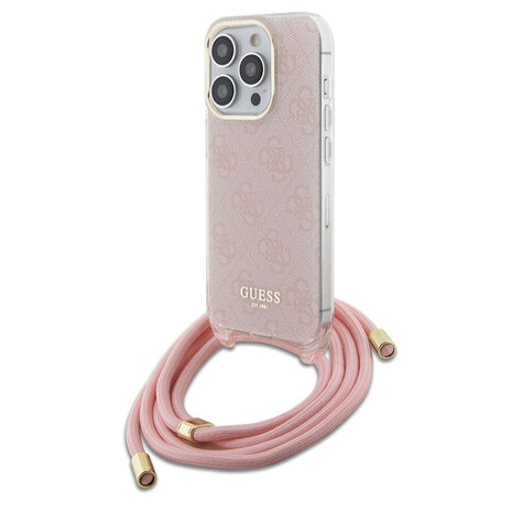 Guess Guess iPhone 15 Pro Backcover hoesje Crossbody cord - 4G print - Roze Guess Guess iPhone 15 Pro Backcover hoesje Crossbody cord - 4G print - Roze
