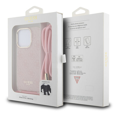 Guess Guess iPhone 15 Pro Back cover coque Crossbody cord - 4G print - Rose Guess Guess iPhone 15 Pro Back cover coque Crossbody cord - 4G print - Rose