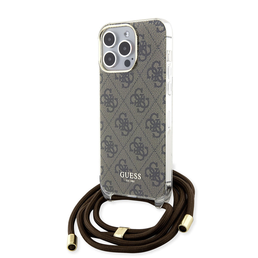 Guess Guess iPhone 15 Pro Back cover case - Crossbody cord - 4G print - Brown Guess Guess iPhone 15 Pro Back cover case - Crossbody cord - 4G print - Brown