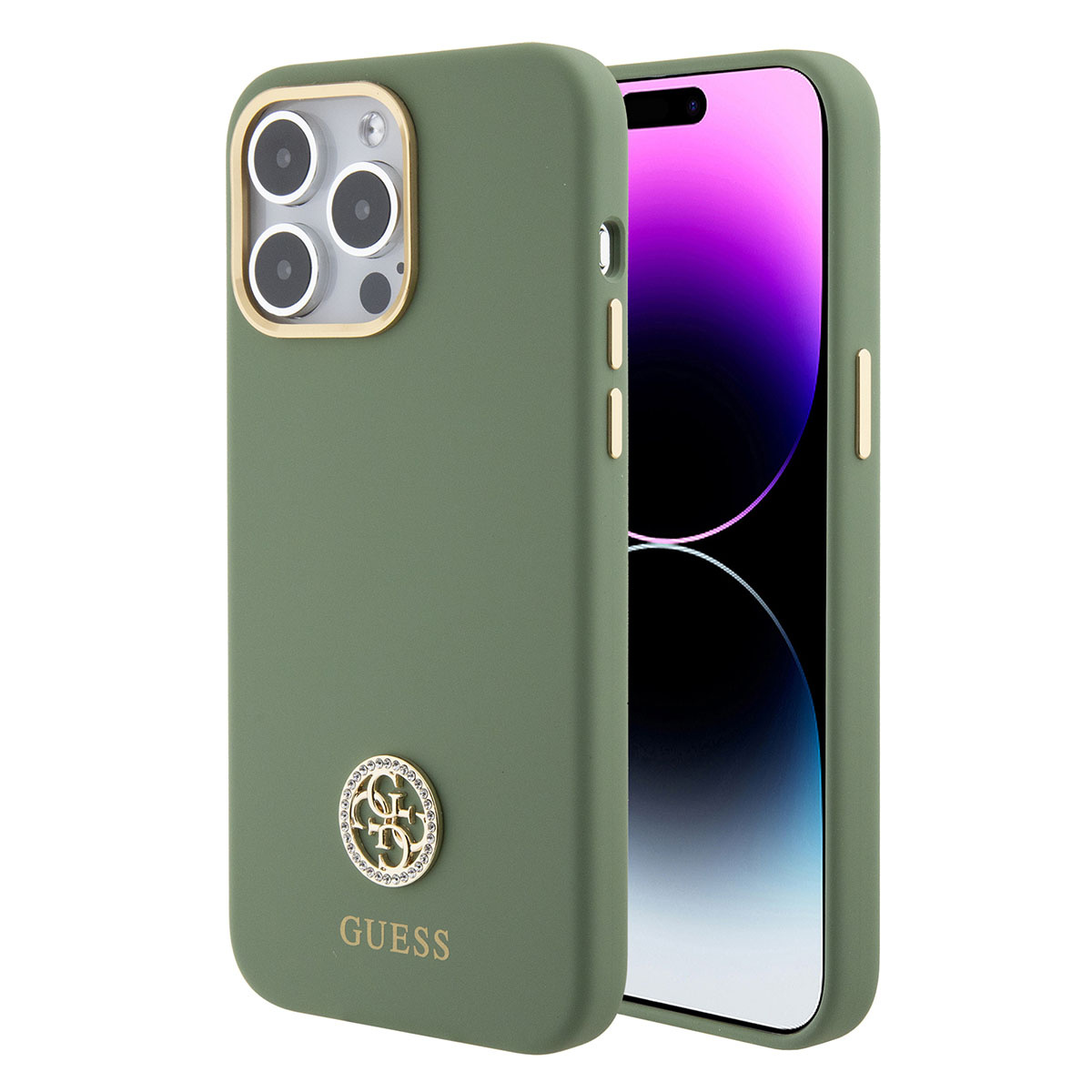 Guess Guess iPhone 15 Pro Backcover hoesje Logo strass 4G - Kaki
