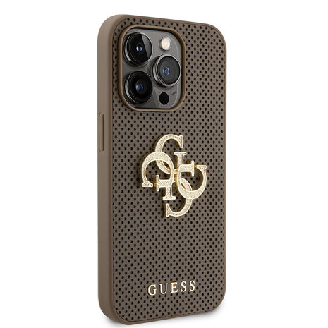 Guess Guess iPhone 15 Pro Back cover case - Perforated 4G - glitter - Taupe Guess Guess iPhone 15 Pro Back cover case - Perforated 4G - glitter - Taupe