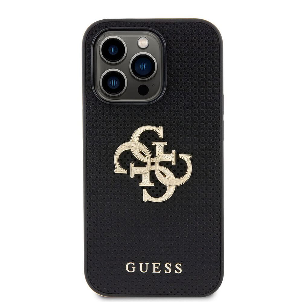 Guess Guess iPhone 15 Pro Backcover hoesje Perforated 4G - glitter - Zwart Guess Guess iPhone 15 Pro Backcover hoesje Perforated 4G - glitter - Zwart