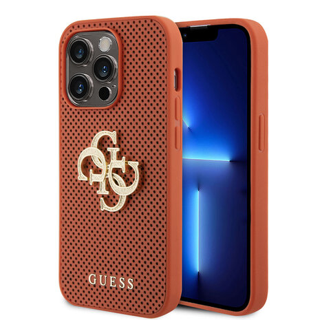 Guess Guess iPhone 15 Pro Backcover hoesje Perforated 4G - glitter - Oranje Guess Guess iPhone 15 Pro Backcover hoesje Perforated 4G - glitter - Oranje