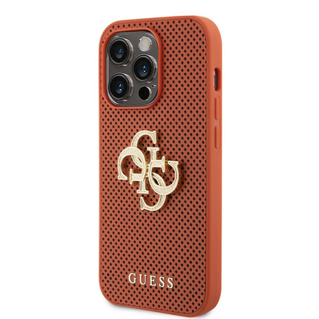 Guess Guess iPhone 15 Pro Backcover hoesje Perforated 4G - glitter - Oranje Guess Guess iPhone 15 Pro Backcover hoesje Perforated 4G - glitter - Oranje