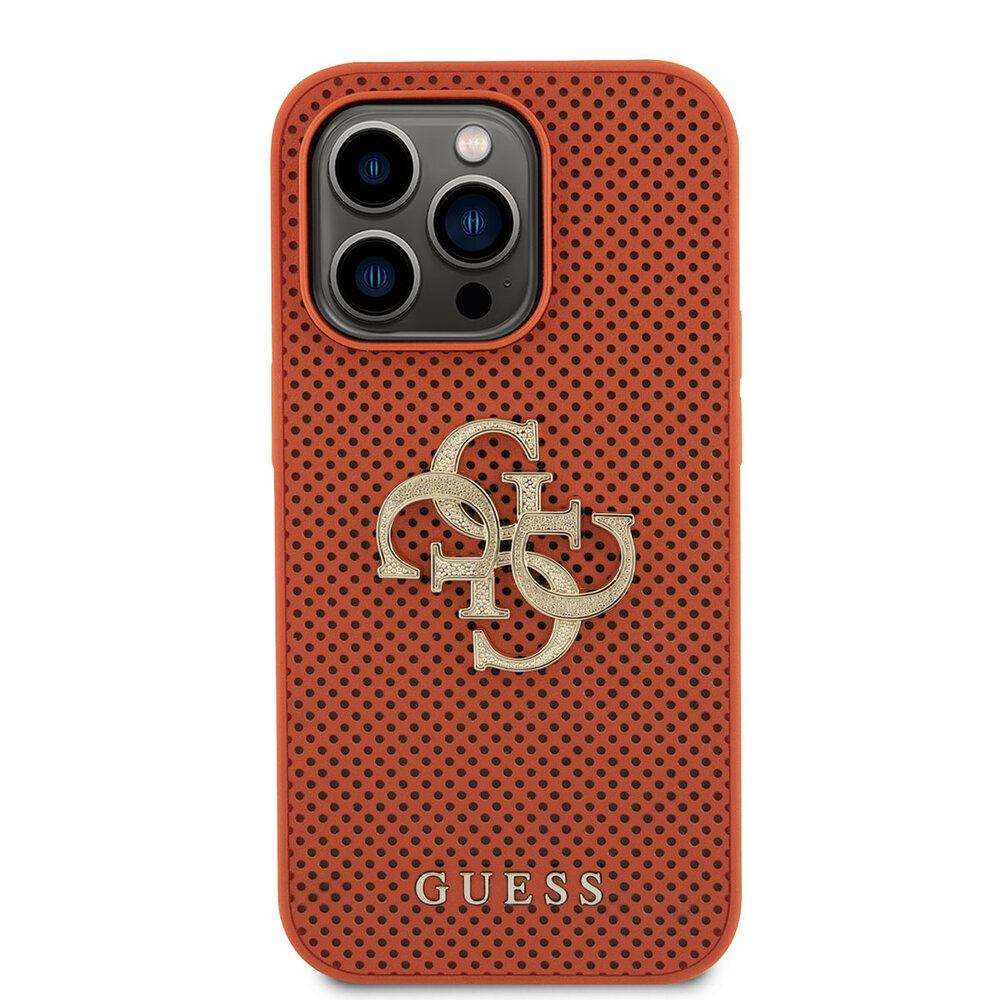 Guess Guess iPhone 15 Pro Backcover hoesje Perforated 4G - glitter - Oranje Guess Guess iPhone 15 Pro Backcover hoesje Perforated 4G - glitter - Oranje