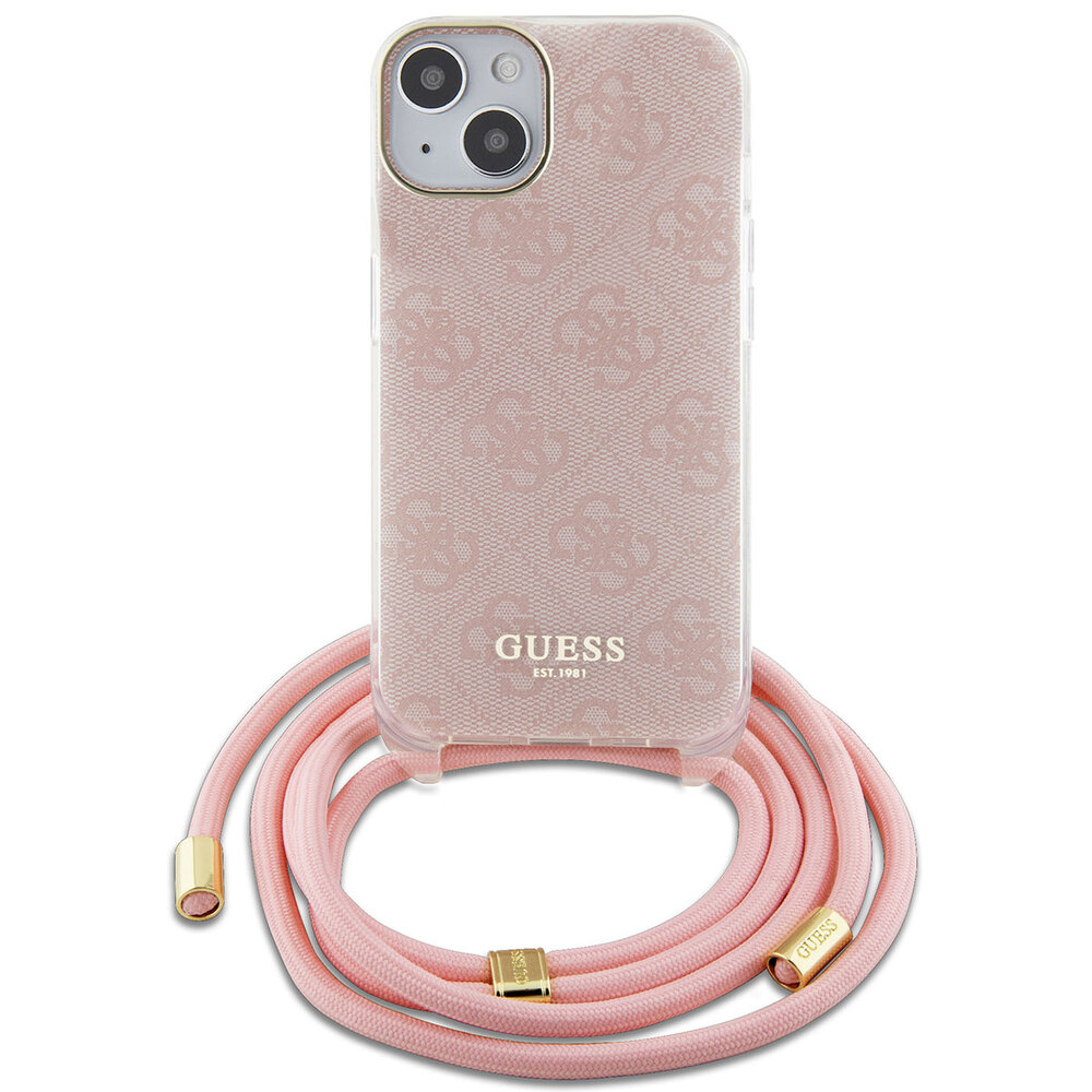 Guess Guess iPhone 15 Back cover coque Crossbody cord - 4G print - Rose Guess Guess iPhone 15 Back cover coque Crossbody cord - 4G print - Rose
