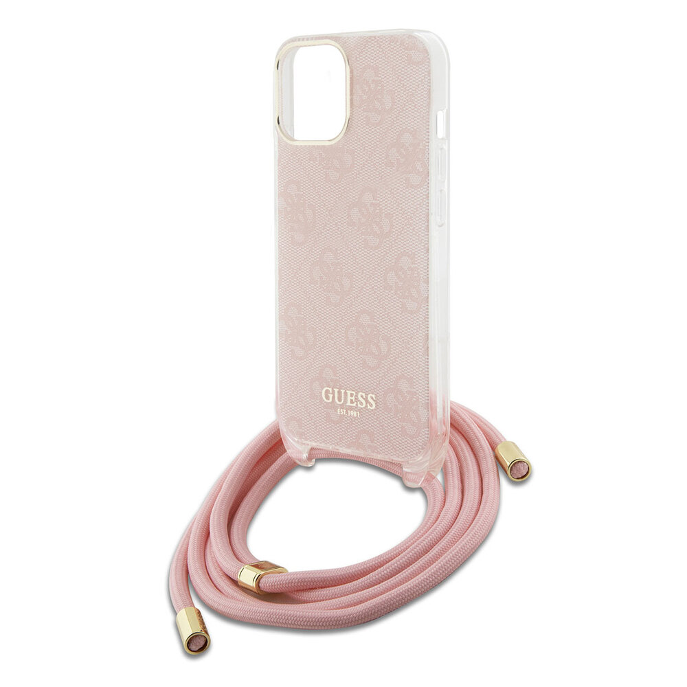Guess Guess iPhone 15 Back cover coque Crossbody cord - 4G print - Rose Guess Guess iPhone 15 Back cover coque Crossbody cord - 4G print - Rose