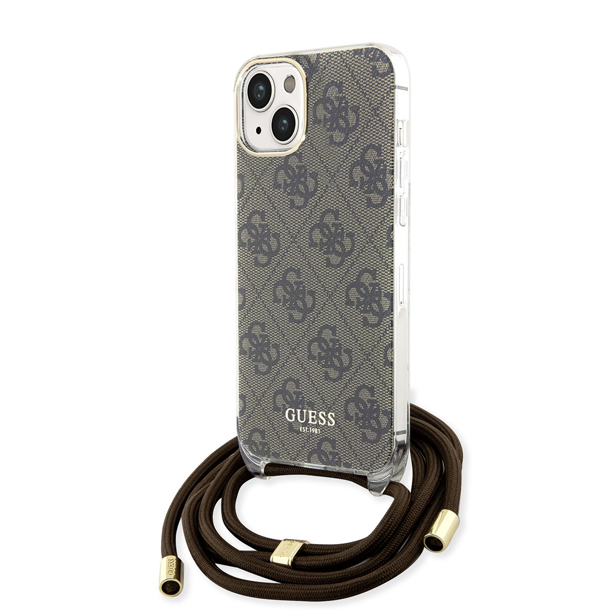 Guess Guess iPhone 15 Backcover hoesje Crossbody cord - 4G print - Bruin, foto 2 van 6