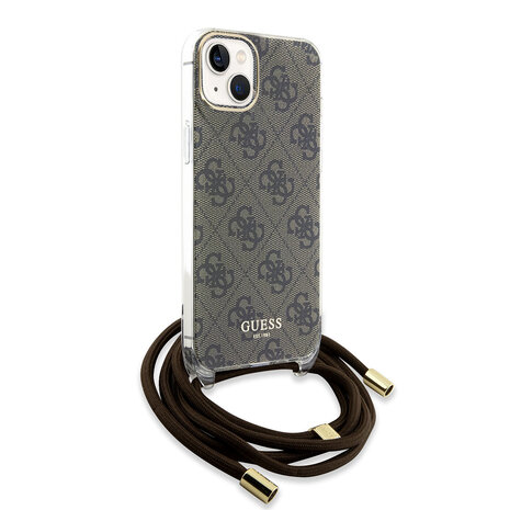 Guess Guess iPhone 15 Backcover hoesje Crossbody cord - 4G print - Bruin Guess Guess iPhone 15 Backcover hoesje Crossbody cord - 4G print - Bruin
