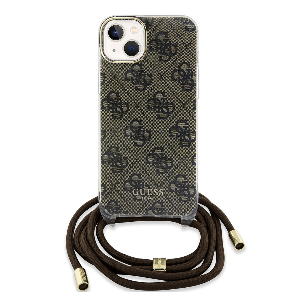 Guess Guess iPhone 15 Backcover hoesje Crossbody cord - 4G print - Bruin Guess Guess iPhone 15 Backcover hoesje Crossbody cord - 4G print - Bruin