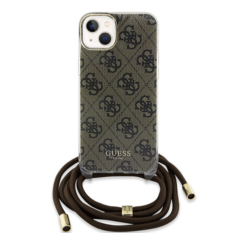 Guess Guess iPhone 15 Backcover hoesje Crossbody cord - 4G print - Bruin Guess Guess iPhone 15 Backcover hoesje Crossbody cord - 4G print - Bruin