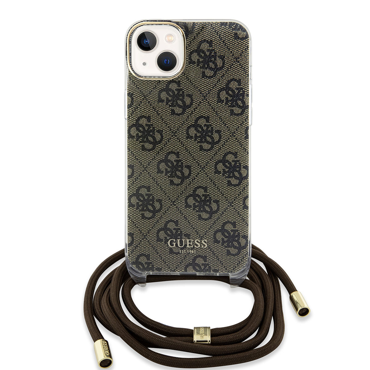Guess Guess iPhone 15 Backcover hoesje Crossbody cord - 4G print - Bruin