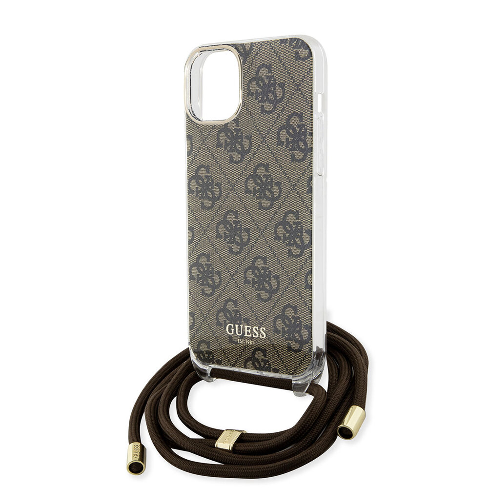 Guess Guess iPhone 15 Backcover hoesje Crossbody cord - 4G print - Bruin Guess Guess iPhone 15 Backcover hoesje Crossbody cord - 4G print - Bruin