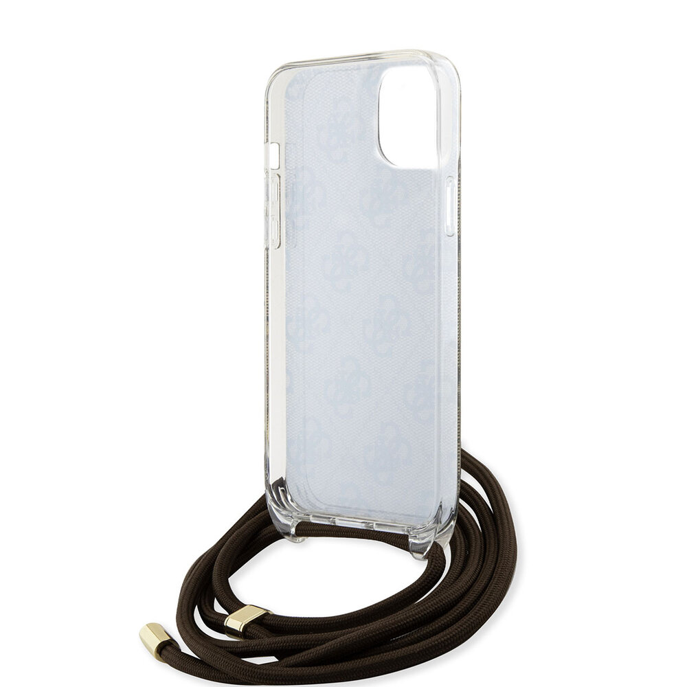 Guess Guess iPhone 15 Backcover hoesje Crossbody cord - 4G print - Bruin Guess Guess iPhone 15 Backcover hoesje Crossbody cord - 4G print - Bruin