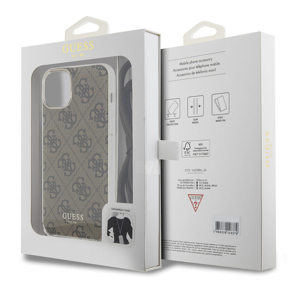Guess Guess iPhone 15 Backcover hoesje Crossbody cord - 4G print - Bruin Guess Guess iPhone 15 Backcover hoesje Crossbody cord - 4G print - Bruin