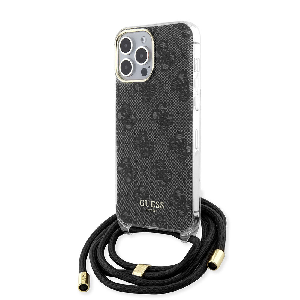Guess Guess iPhone 15 Pro Max Backcover hoesje Crossbody cord - 4G print - Zwart Guess Guess iPhone 15 Pro Max Backcover hoesje Crossbody cord - 4G print - Zwart
