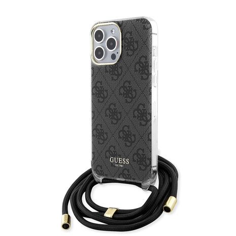 Guess Guess iPhone 15 Pro Max Backcover hoesje Crossbody cord - 4G print - Zwart Guess Guess iPhone 15 Pro Max Backcover hoesje Crossbody cord - 4G print - Zwart