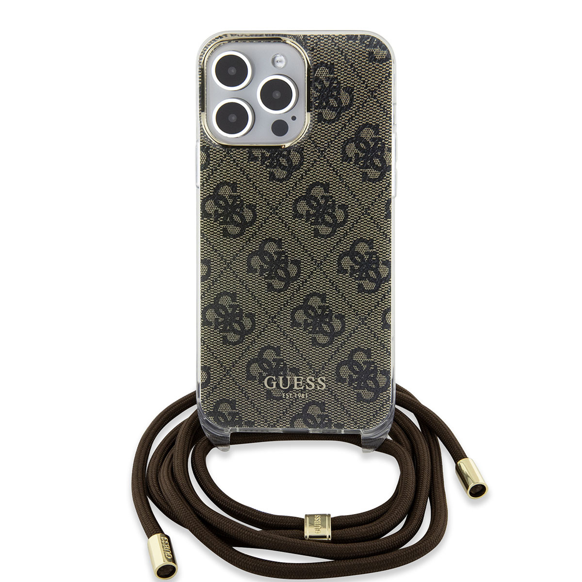 Guess Guess iPhone 15 Pro Max Backcover hoesje Crossbody cord - 4G print - Bruin