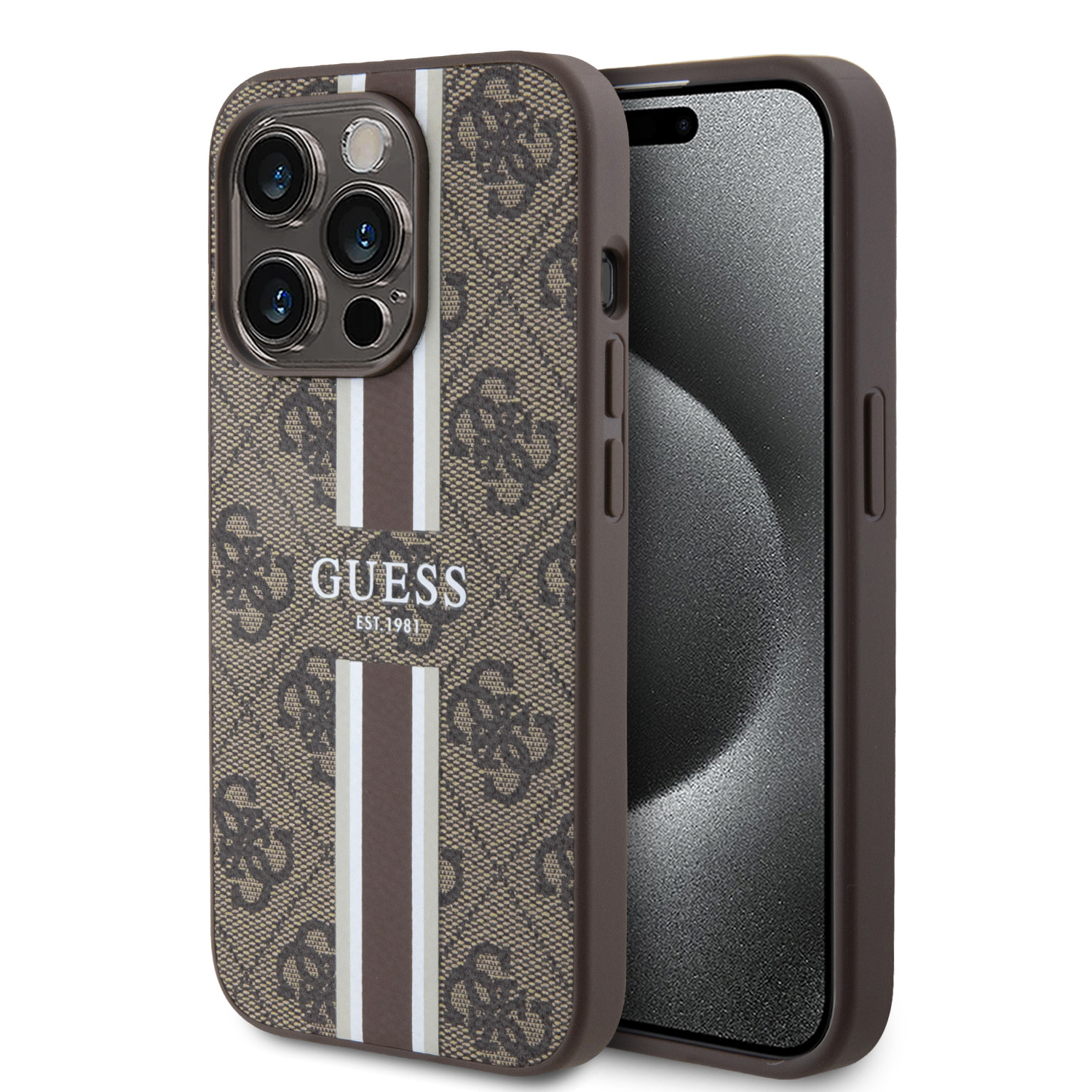 Guess Guess iPhone 15 Pro Backcover hoesje 4G printed stripes - Bruin