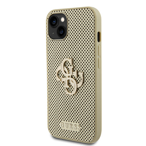 Guess Guess iPhone 15 & 14 Plus Backcover hoesje Perforated 4G - glitter - Goud Guess Guess iPhone 15 & 14 Plus Backcover hoesje Perforated 4G - glitter - Goud