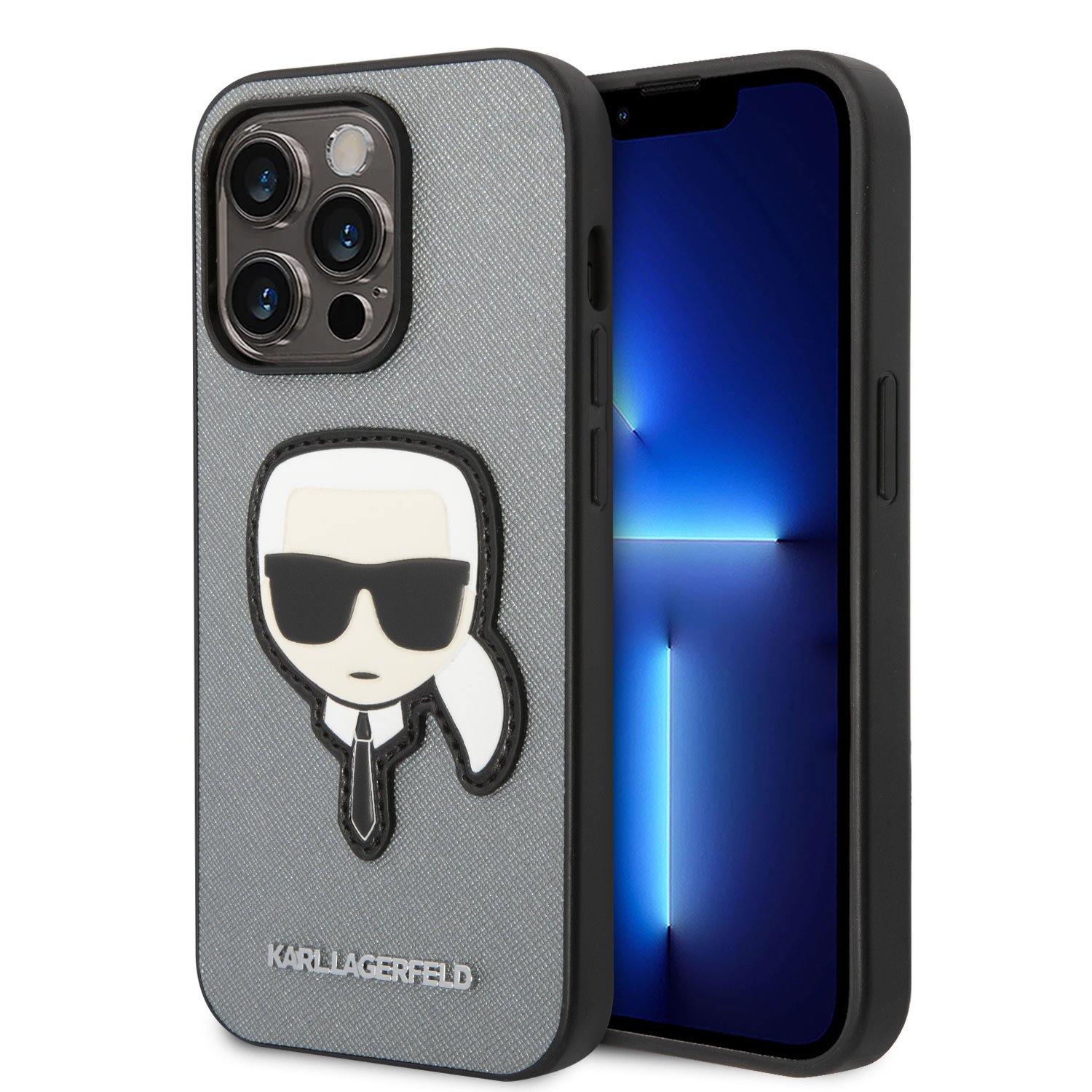 Karl Lagerfeld Karl Lagerfeld iPhone 14 Pro Backcover hoesje - Karl Head Patch - Zilver