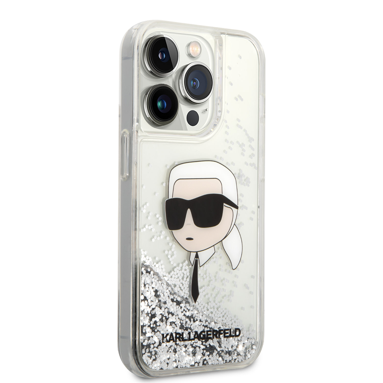 Karl Lagerfeld Karl Lagerfeld iPhone 14 Pro Backcover hoesje - Liquid Glitter - Karl Head - Zilver, foto 4 van 6