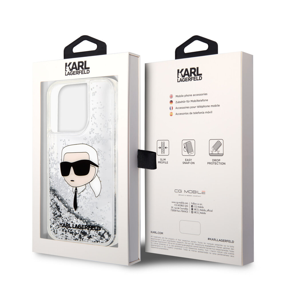 Karl Lagerfeld Karl Lagerfeld iPhone 14 Pro Back cover case - Liquid Glitter - Karl Head - Silver Karl Lagerfeld Karl Lagerfeld iPhone 14 Pro Back cover case - Liquid Glitter - Karl Head - Silver