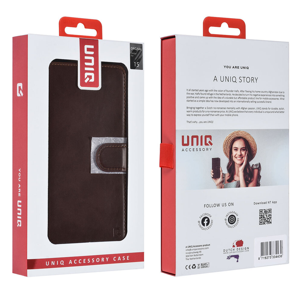 UNIQ Accessory UNIQ Accessory iPhone 15 Book Case hoesje Pasjeshouder - Bruin UNIQ Accessory UNIQ Accessory iPhone 15 Book Case hoesje Pasjeshouder - Bruin