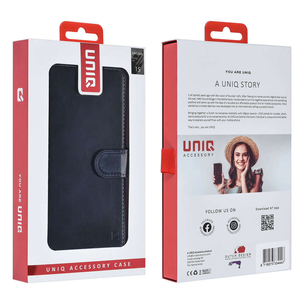 UNIQ Accessory UNIQ Accessory iPhone 15 Book type housse Porte-cartes - Bleu UNIQ Accessory UNIQ Accessory iPhone 15 Book type housse Porte-cartes - Bleu