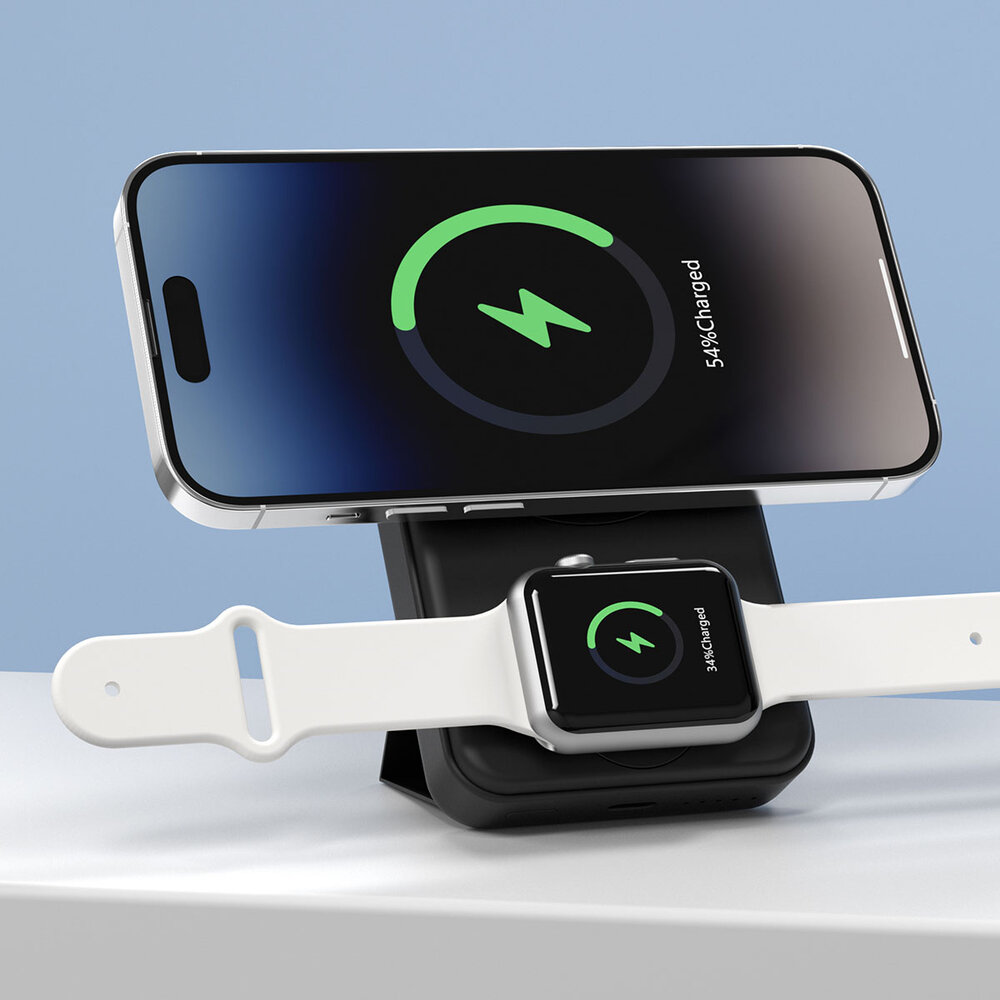 UNIQ Accessory UNIQ Accessory Powerbank 6500 mAh - MagSafe - Apple Watch - Draadloos - Stand - 30cm USB-C Kabel - USB-C Poort - Zwart UNIQ Accessory UNIQ Accessory Powerbank 6500 mAh - MagSafe - Apple Watch - Draadloos - Stand - 30cm USB-C Kabel - USB-C Poort - Zwart