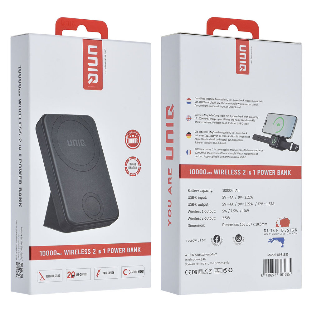 UNIQ Accessory UNIQ Accessory Powerbank 6500 mAh - MagSafe - Apple Watch - Draadloos - Stand - 30cm USB-C Kabel - USB-C Poort - Zwart UNIQ Accessory UNIQ Accessory Powerbank 6500 mAh - MagSafe - Apple Watch - Draadloos - Stand - 30cm USB-C Kabel - USB-C Poort - Zwart