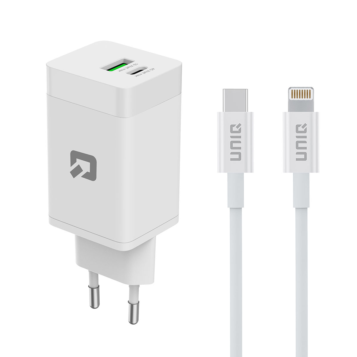 TUNIQ TUNIQ PD 45W GaN thuislader - dual poort met USB-C naar iPhone kabel - Wit