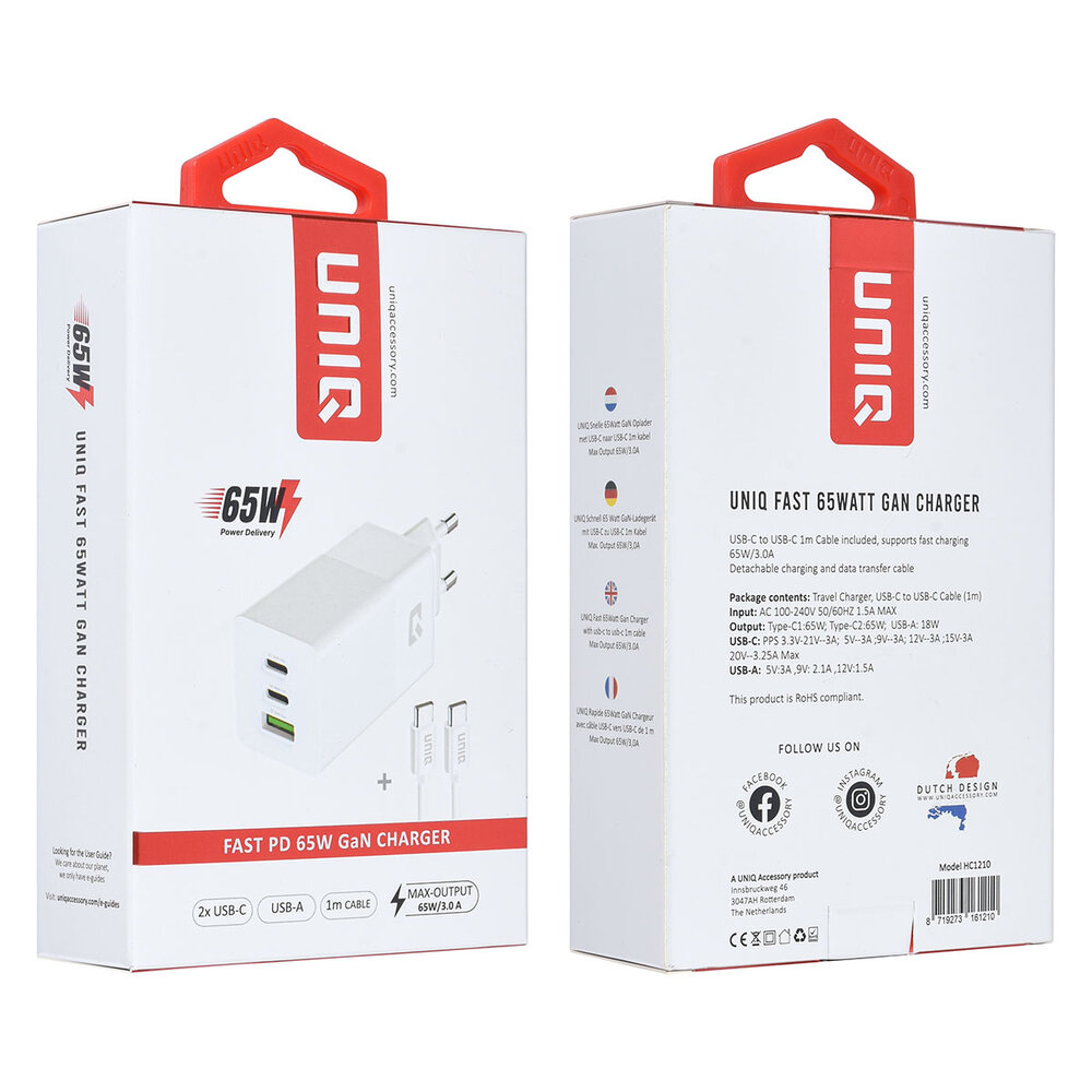 TUNIQ TUNIQ PD 65W - Home Charger with USB-C to USB-C Cable - White