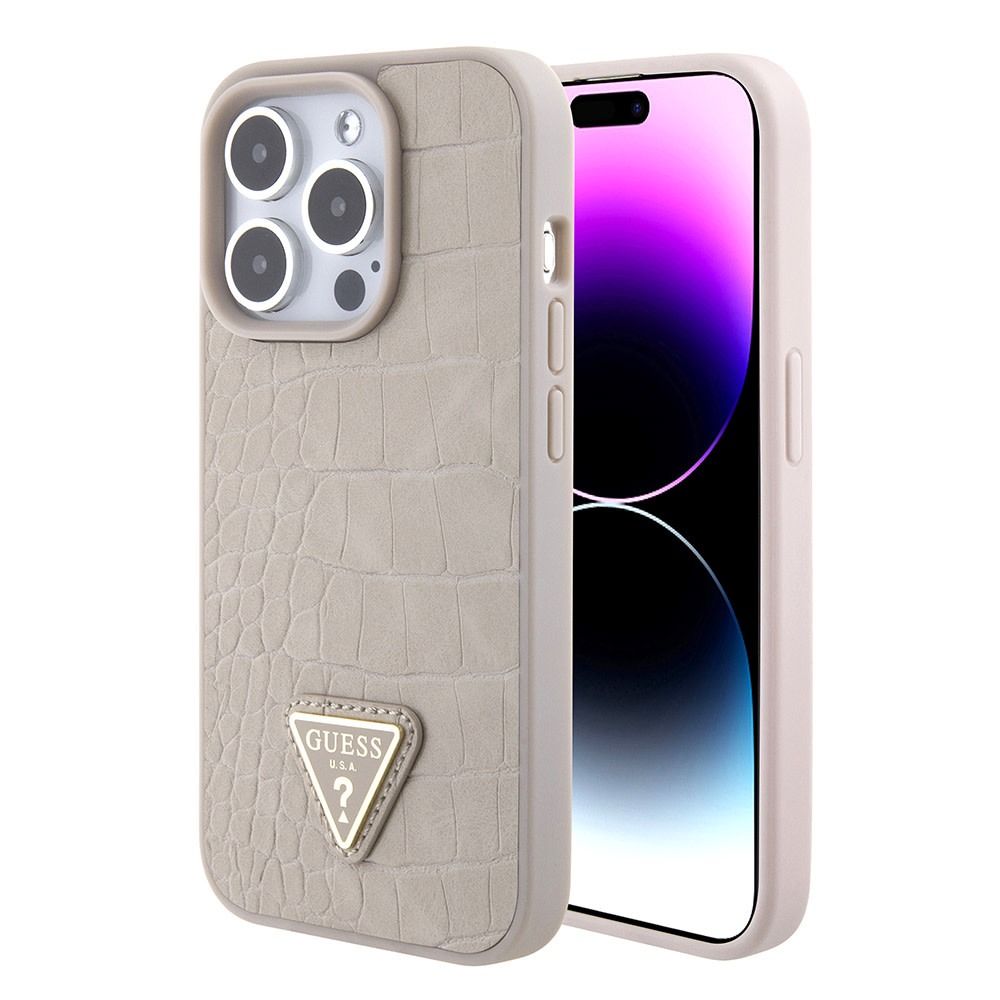 Guess Guess iPhone 15 Pro Backcover hoesje Croco triangle logo - Taupe