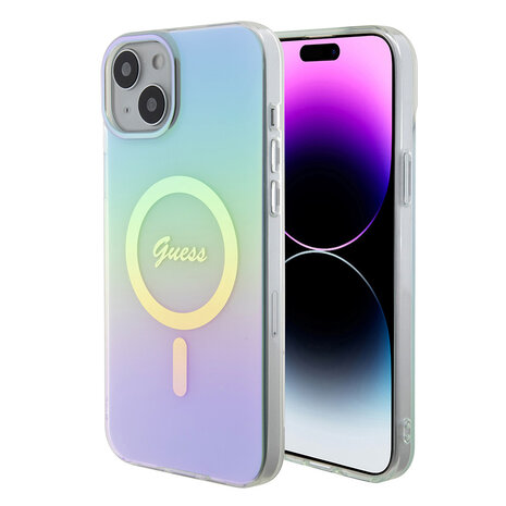 Guess Guess iPhone 15 Plus & iPhone 14 Plus Back-Cover hul - Magsafe iridescent - Turquoise Guess Guess iPhone 15 Plus & iPhone 14 Plus Back-Cover hul - Magsafe iridescent - Turquoise