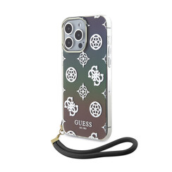 Guess iPhone 15 Pro Backcover hoesje Iridescent - Glitter pattern peony - cordstrap - Zwart