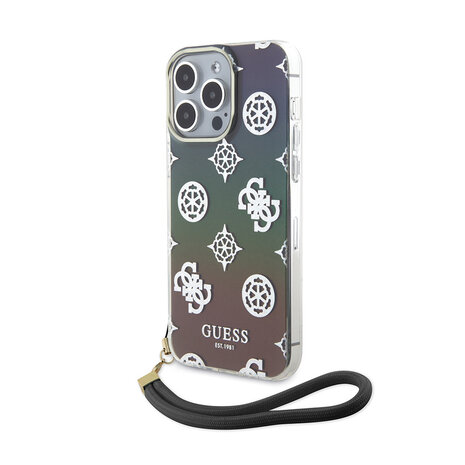 Guess Guess iPhone 15 Pro Backcover hoesje Iridescent - Glitter pattern peony - cordstrap - Zwart Guess Guess iPhone 15 Pro Backcover hoesje Iridescent - Glitter pattern peony - cordstrap - Zwart